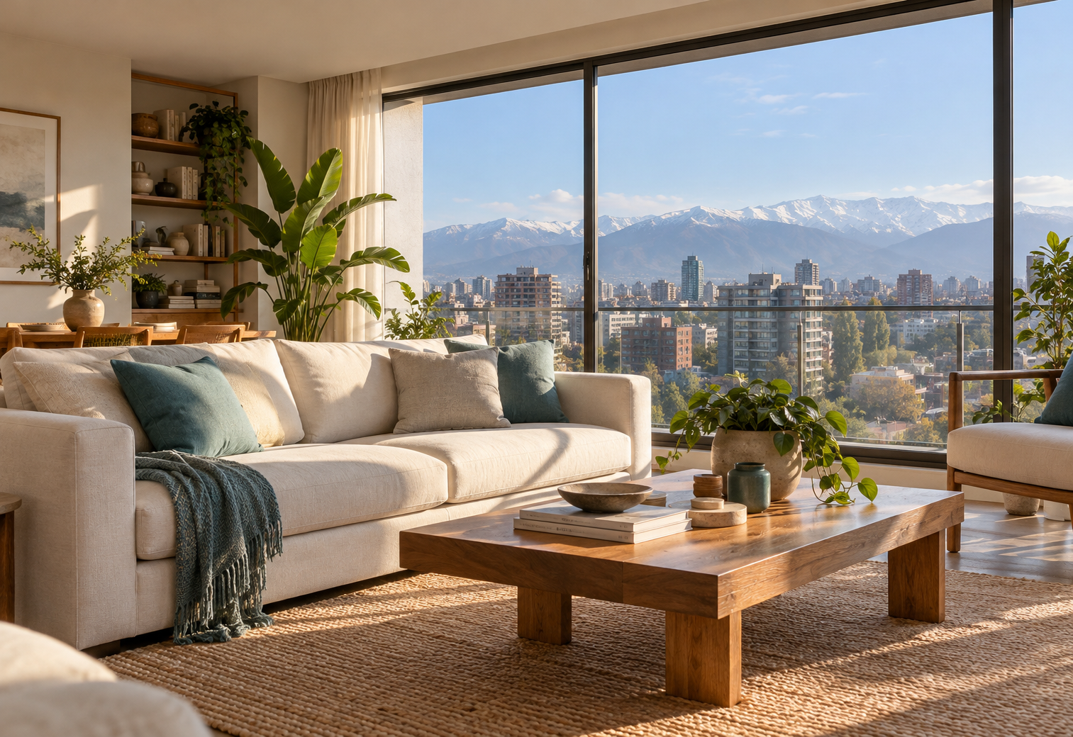 Interior ilustrativo de un departamento luminoso con vista a la ciudad y la cordillera